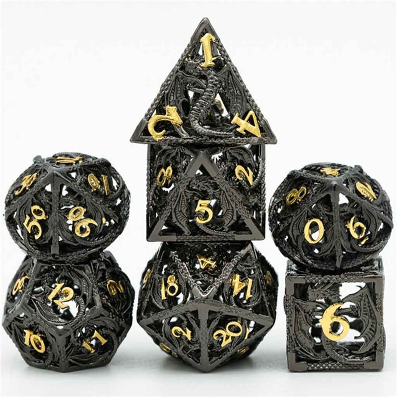 Black Dragon – 7 Piece Hollow Metal Polyhedral Dice Set & Dice Case