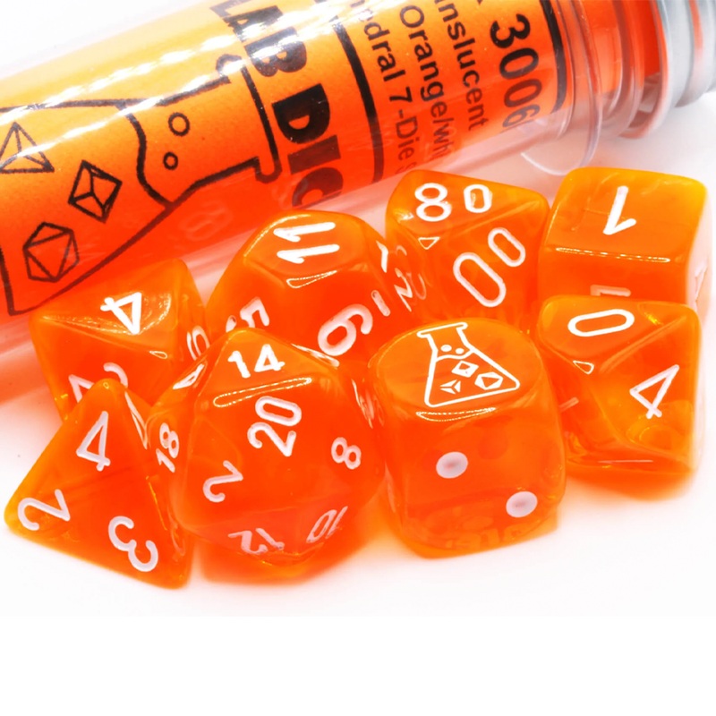 Chessex Lab Dice – Translucent Neon Orange/White 8 Piece Polyhedral Dice Set (CHX 30060)