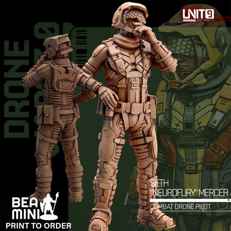 Seth “NeuroFury” Mercer – Combat Drone Pilot | BeaMini Print to Order Miniatures