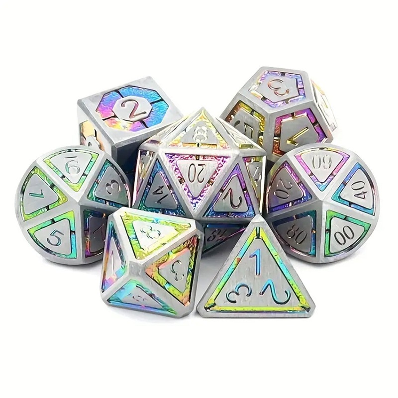Rainbow Glory – 7 Piece Metal Polyhedral Dice Set & Dice Case