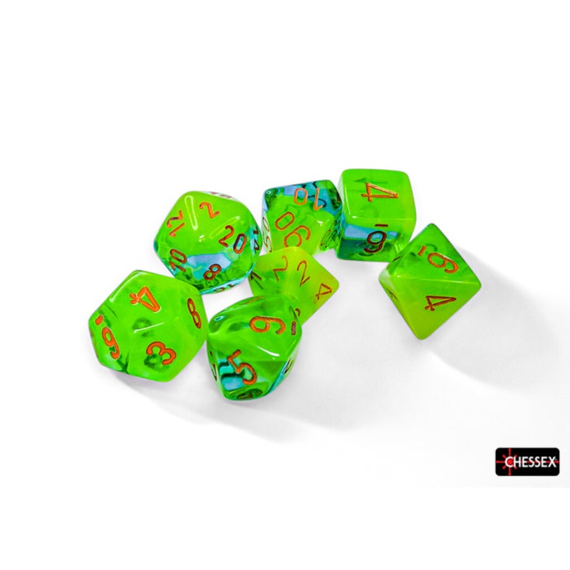 Chessex Dice  Gemini Plasma Green-Teal/orange Luminary Polyhedral 7-Dice Set