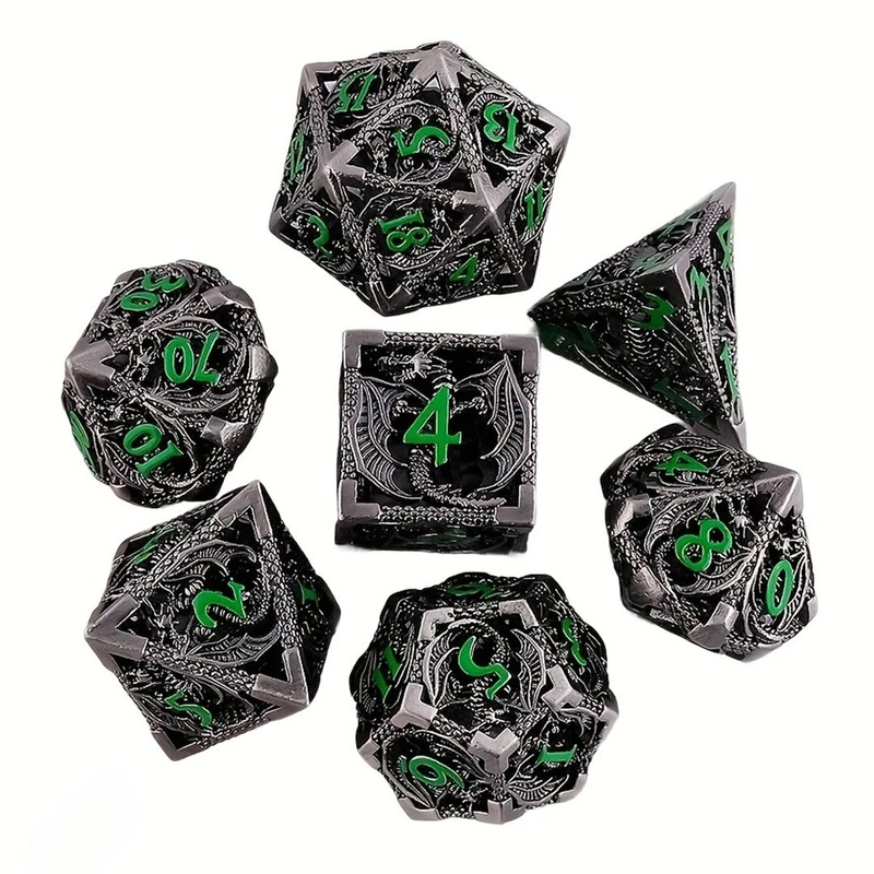 Dragons of Summers End – 7 Piece Hollow Metal Polyhedral Dice Set & Dice Case