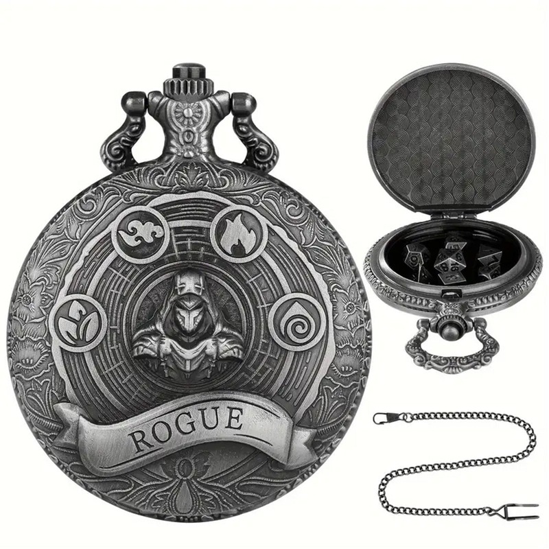 The Stylish Rogue – 7 Piece Mini Metal Polyhedral Dice Set & Pocket Watch Style Case