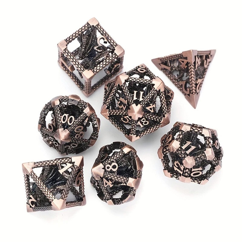 Draco Familiar – 7 Piece Hollow Metal Polyhedral Dice Set & Dice Case