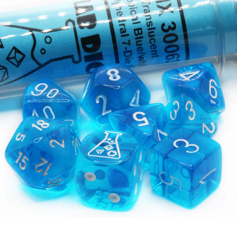 Chessex Lab Dice – Translucent Tropical Blue/White 8 Piece Polyhedral Dice Set (CHX 30063)