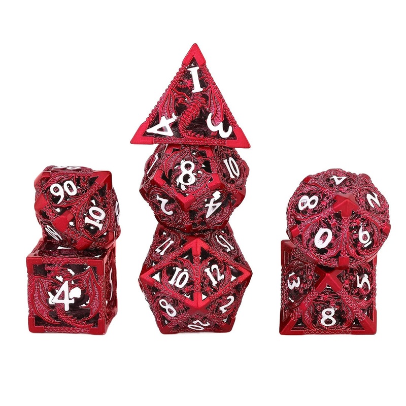 Dragons of Ruby Twilight – 7 Piece Hollow Metal Polyhedral Dice Set & Dice Case