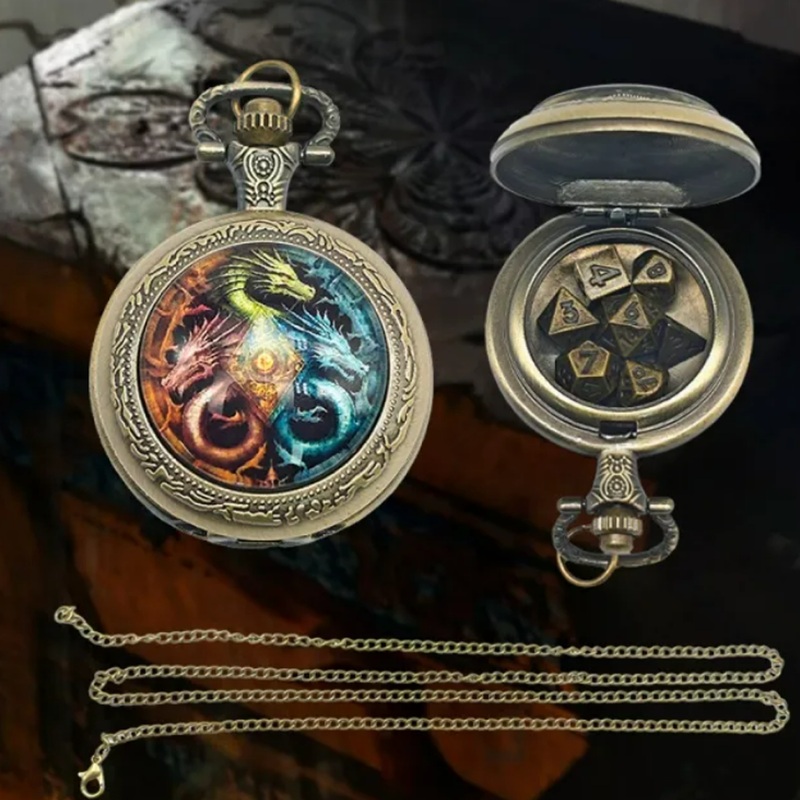 Dragon Time – 7 Piece Mini Metal Polyhedral Dice Set & Pocket Watch Style Case