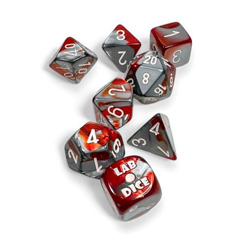 Chessex Lab Dice – Gemini Red-Steel/White 8 Piece Polyhedral Dice Set (CHX 30066)