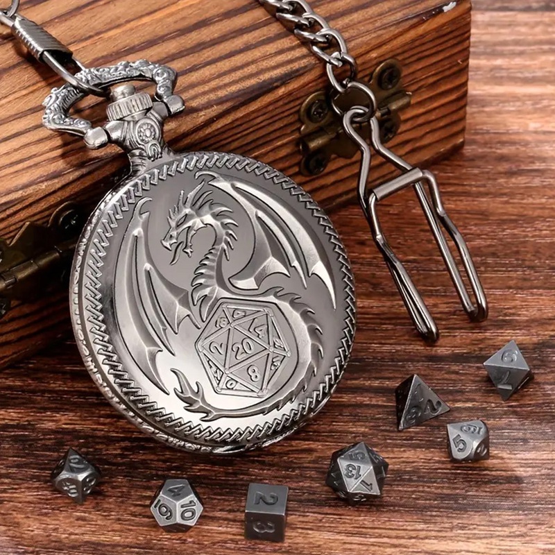 Dragon Guardian – 7 Piece Mini Metal Polyhedral Dice Set & Pocket Watch Style Case